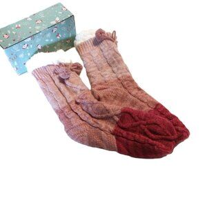 NIB Cable Knit Slipper Sock Rose Red Cozy Soft Fuzzy Sherpa Winter Holiday, OS